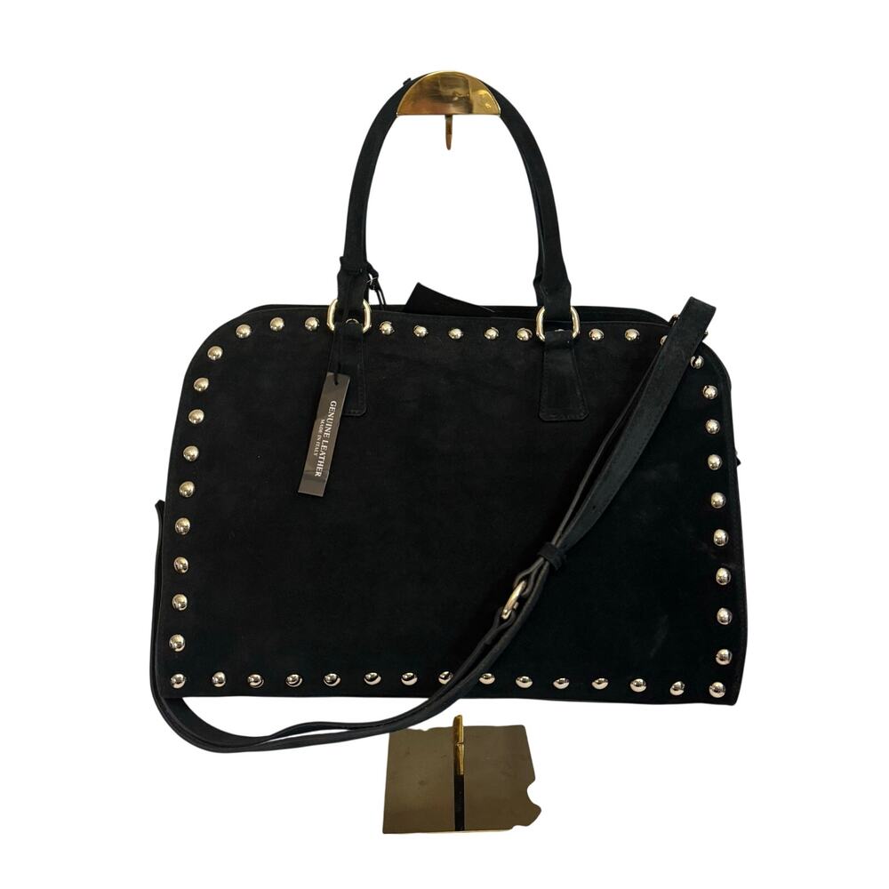 Claudia Firenze Black Genuine Suede Leather Studded Satchel Crossbody Bag